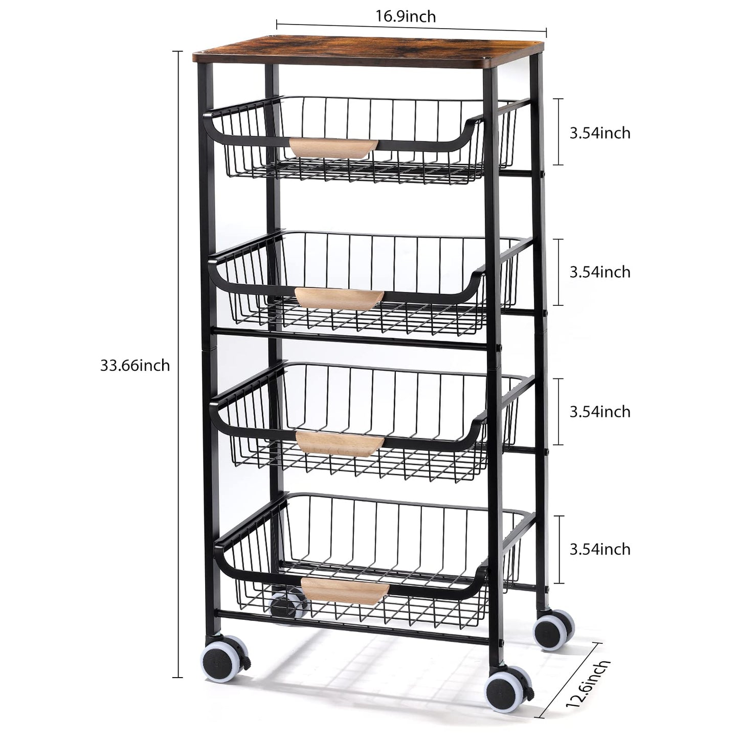 Kitchen Storage Rolling Cart, Kitchen Cart with Lockable Wheels, 5 Tier Metal Wire Basket Shelf Rolling Storage Cart with Wooden Handle, Wood Cover Top Kitchen Island Cart for Home, Office - WoodArtSupply