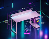 MOTPK Pink Gaming Desk with Led Lights & Power Outlet, 47 Inch Gaming Computer Desk with Shelves, Reversible Gamer Desk Table with Adjustable Monitor Stand & Headphone Hook, Carbon Fiber Texture MOTPK