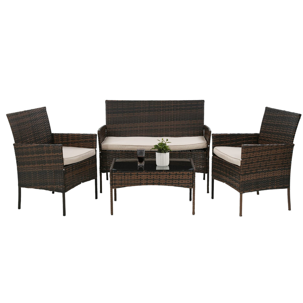 4 Pieces Patio Furniture Set Rattan Outside Furniture Wicker Sofa Garden Conversation Sets with Soft Cushion and Glass Table for Yard Pool or Backyard,Brown PayLessHere