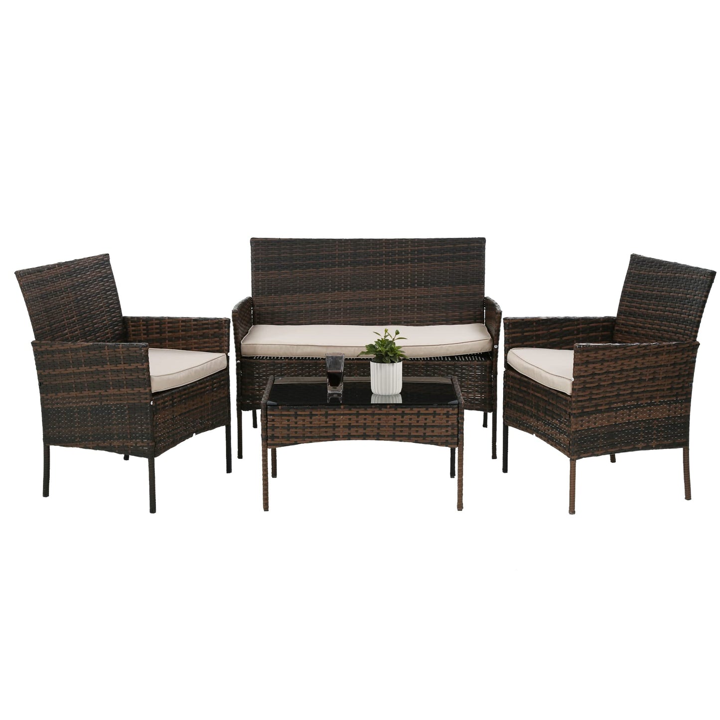 4 Pieces Patio Furniture Set Rattan Outside Furniture Wicker Sofa Garden Conversation Sets with Soft Cushion and Glass Table for Yard Pool or Backyard,Brown