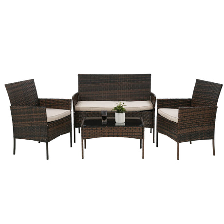 4 Pieces Patio Furniture Set Rattan Outside Furniture Wicker Sofa Garden Conversation Sets with Soft Cushion and Glass Table for Yard Pool or Backyard,Brown PayLessHere