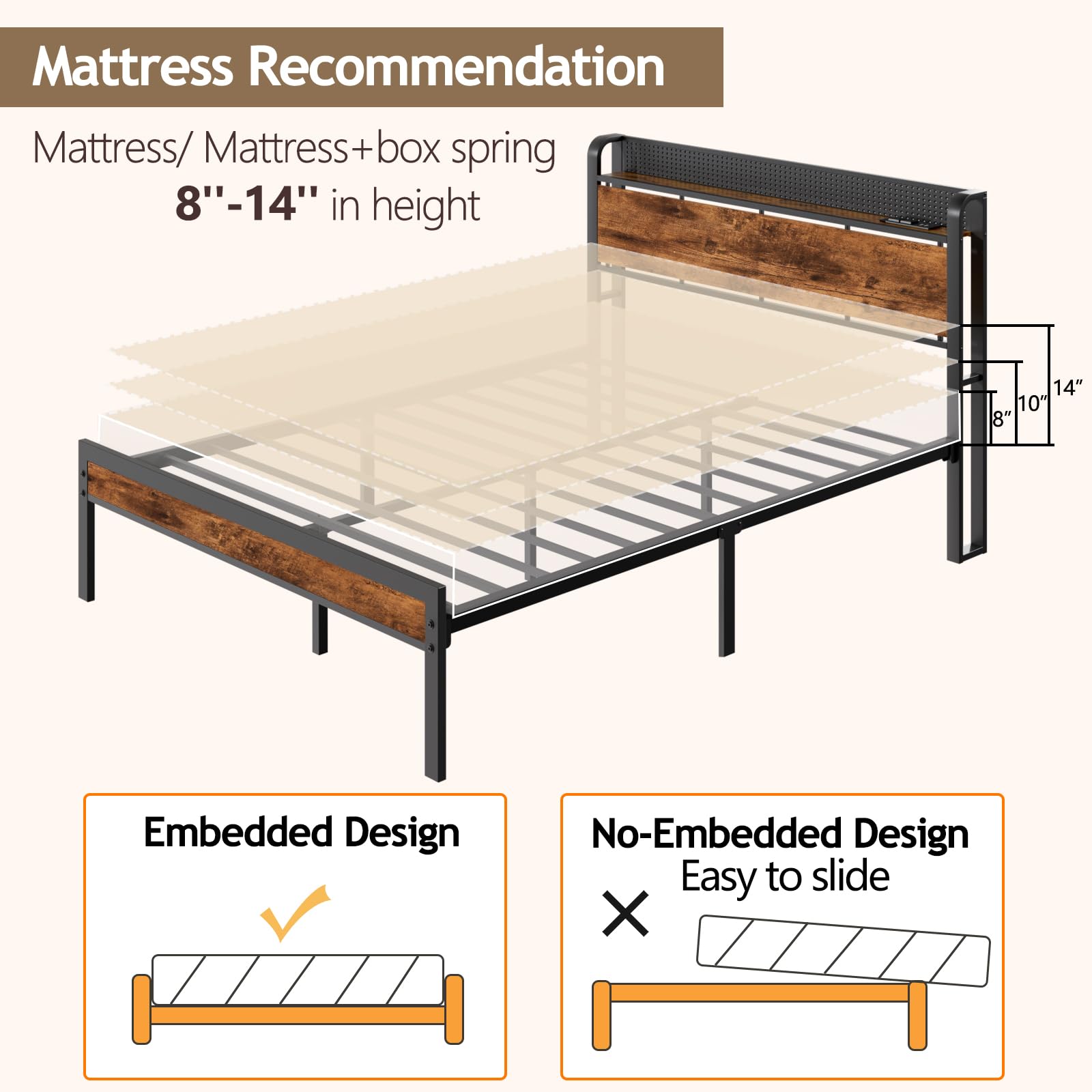 Furnulem Industrial Full Bed Frame with LED Lights & USB Charging Station - WoodArtSupply