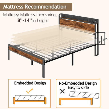 Furnulem Industrial Full Bed Frame with LED Lights & USB Charging Station Furnulem