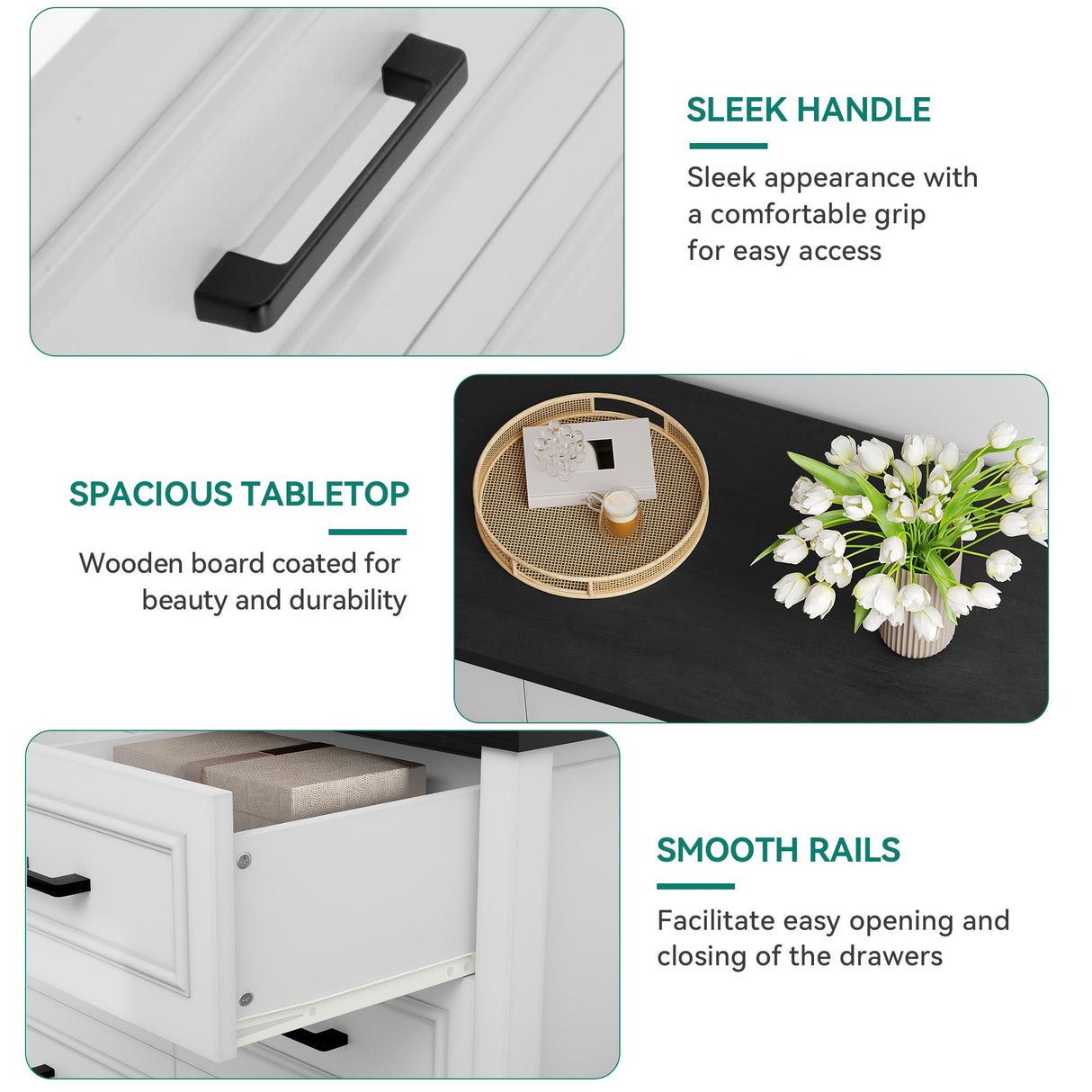 YITAHOME 6-Drawer Dresser with Built-in Power Outlet, Wood TV Stand with 6 Large Drawers & Bar Handles, Dresser Chest of Drawers for Entryway Living Room Hallway, White & Black YITAHOME