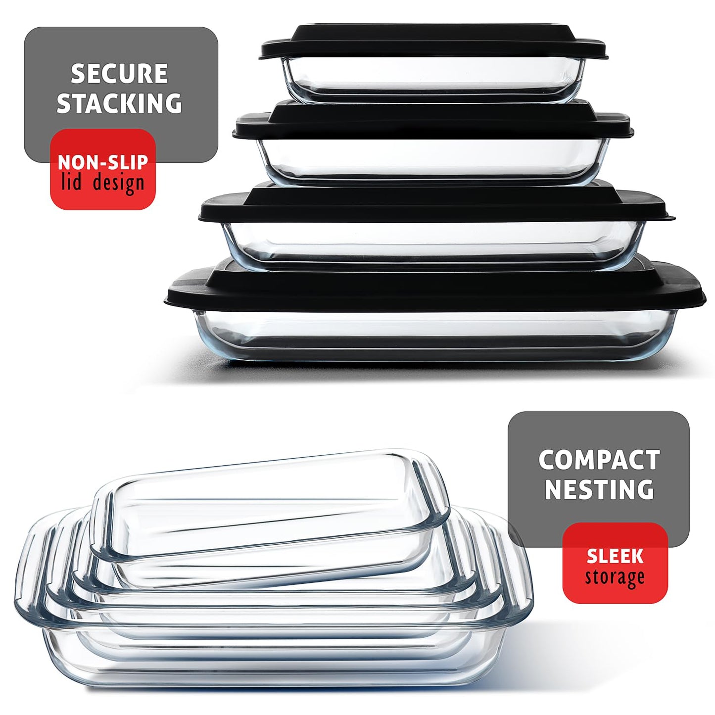 Nestl 4-Pack Glass Baking Dishes for Oven, Glass Food Storage Containers with Lids, Leakproof Casserole Dishes for Oven with Lid, Cooking, Microwave Oven Freezer Safe Bakeware, 9x13 Lasagna Pan Black