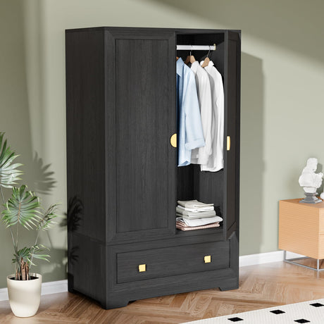 VINGLI Wardrobe Closet, Armoires and Wardrobes with Doors,Hanging Rod, Shelves and Drawer, Freestanding Closet Wardrobe Cabinet, Black Armoire Wardrobe for Bedroom, Dorm VINGLI
