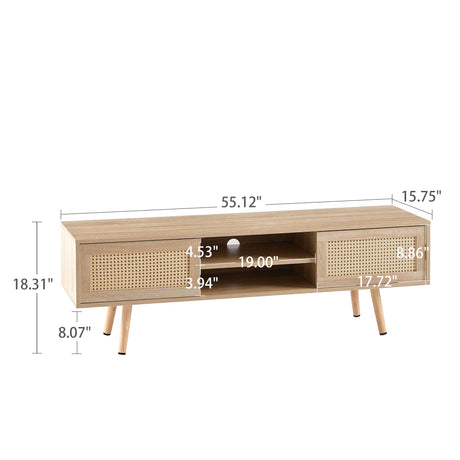 GSSDEE Boho TV Stand for 65+ Inch TV, Farmhouse Wood Television Stand with Natural Rattan Sliding Doors, Media Console Center Natural Style (Natural Oak, TV Stand 55.12" L x 15.75" W x 18.31" H) GSSDEE