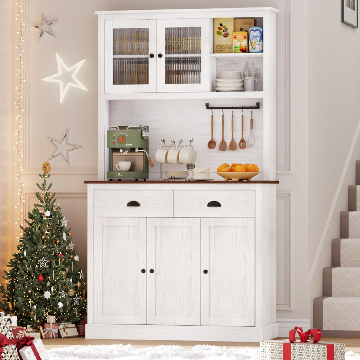 GarveeHome Kitchen Pantry Storage Cabinet, 71" Tall Wood Pantry with Microwave Stand, Modern Kitchen Hutch Cabinet, Coffee Bar Hutch with Wine Rack for Dining Room, Living Room, White GarveeHome