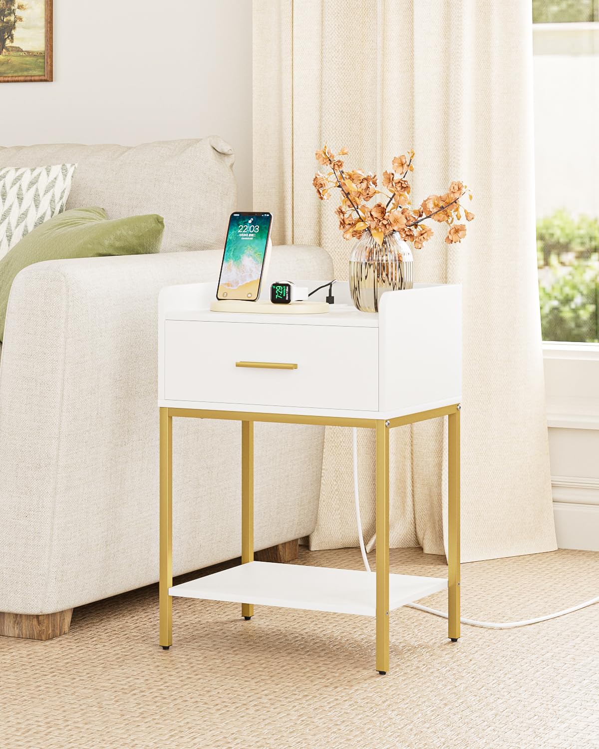 AEPOALUA Nightstand with Charging Station,Bedside Table with Drawer and 2 Shelf Storage, Small Side Table, Modern White Night Stand, Tall End Table for Bedroom, Living Room (White-Gold Legs) AEPOALUA