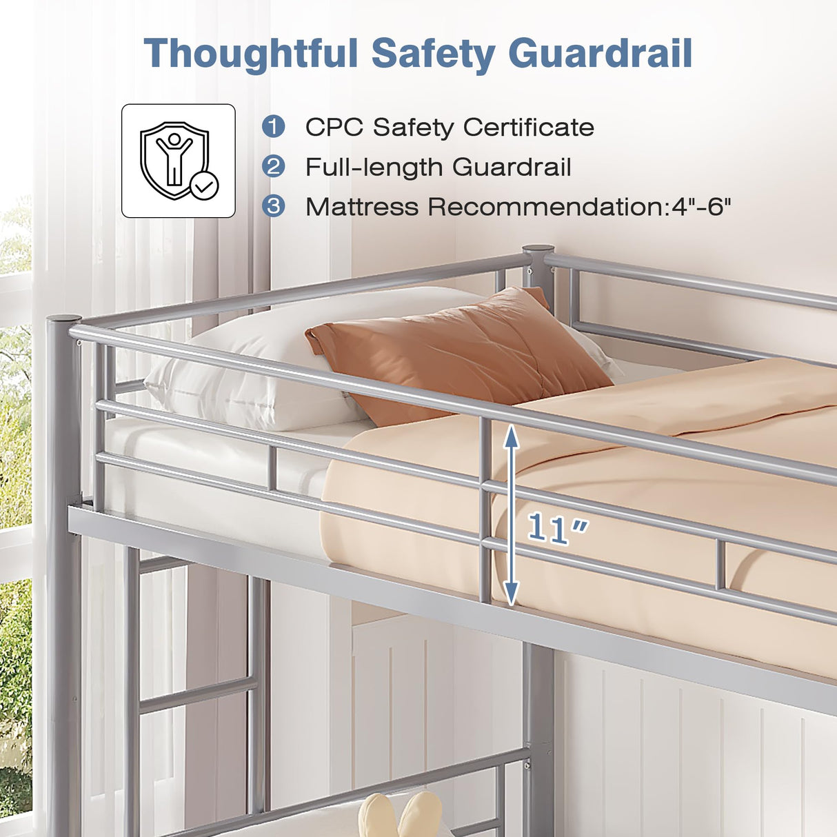 VECELO Bunk Bed Twin Over Twin, Metal Bunkbeds with Ladder and Full-Length Guardrail, No Box Spring Needed, Space Saving, Noise Free, Grey VECELO