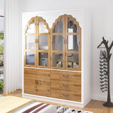 ECACAD 75.7" H Wardrobe Armoire Closet with 4 Carved Glass Doors, 3 Drawers, 6 Compartments & Hanging Bar, Wooden Closet Storage Cabinet with Patterns for Bedroom, Brown & White ECACAD