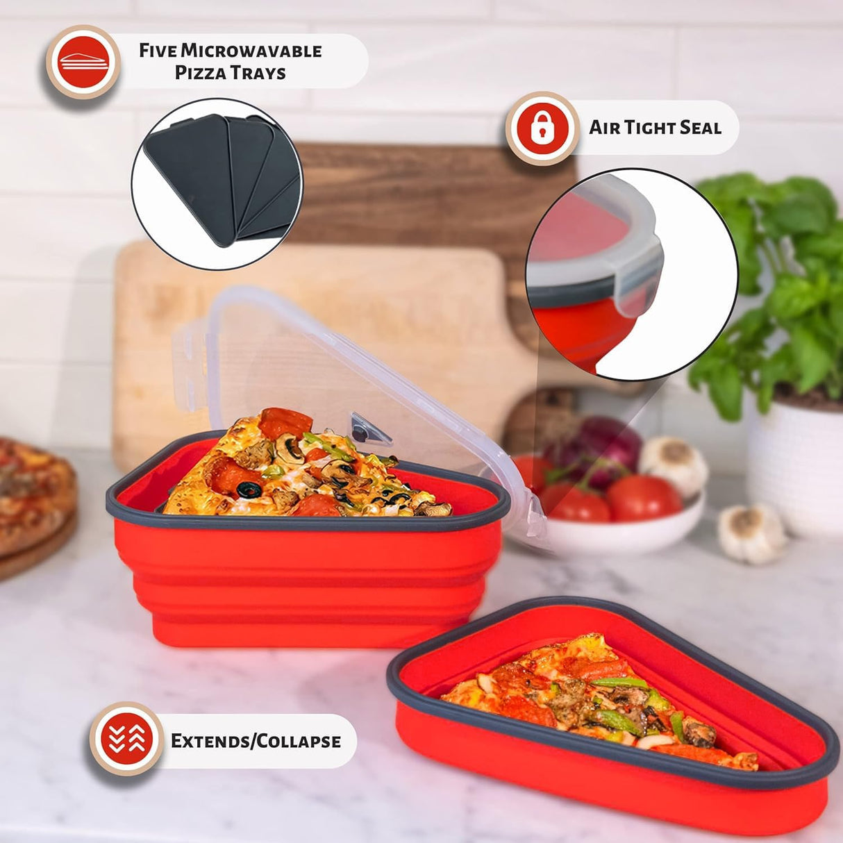 The Perfect Pizza Pack™ - Reusable Pizza Storage Container with 5 Microwavable Serving Trays - BPA-Free Adjustable Pizza Slice Container to Organize & Save Space, Red PIZZA PACK