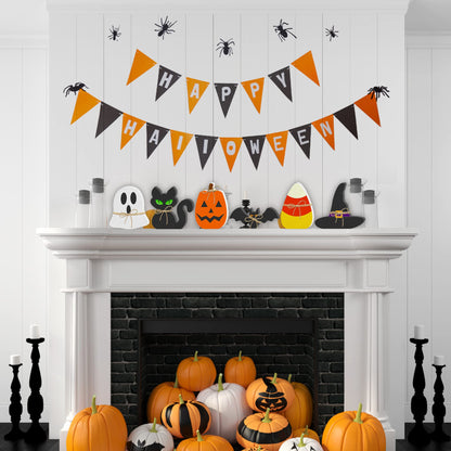 6PCS Halloween Wooden Decor - Halloween Wooden Signs Include Pumpkin Ghost Bat Black Cat Witch Hat Candy Corn Freestanding Table Signs, Halloween Tiered Tray Decor for Rustic Farmhouse Home Mantle