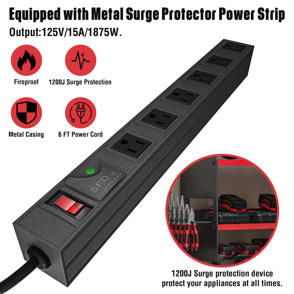 YYR Power Tool Organizer with Charging Station Wall Mount, Cordless Drill and Battery Holder for Garage Organization, Electric Tools Storage Rack Build in Surge Protection Power Strip - Red Shelf YYR