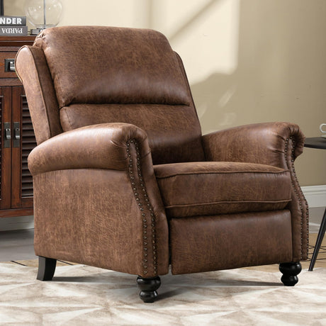 IOMOR Push Back Recliner Chair Faux Leather Lounge Armchair with Rivet Decoration Wingback Single Sofa Chair with Padded Seat Solid Wood Legs for Living Room, Chocolate IOMOR