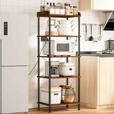 HOOBRO Rustic 5-Tier Kitchen Bakers Rack with Power Outlet and 4 Hooks HOOBRO