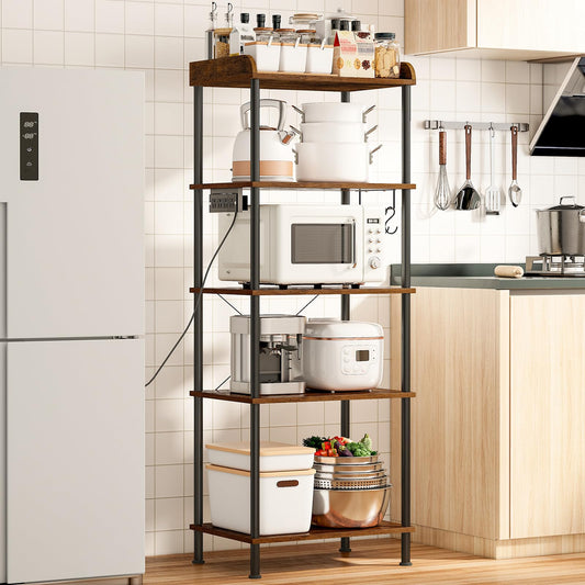 HOOBRO Kitchen Bakers Rack with Power Outlet, 5-Tier Free Standing Kitchen Storage Shelf Rack, Microwave Stand with 4 S-Shaped Hooks, Rustic Brown and Black BF55UHB01