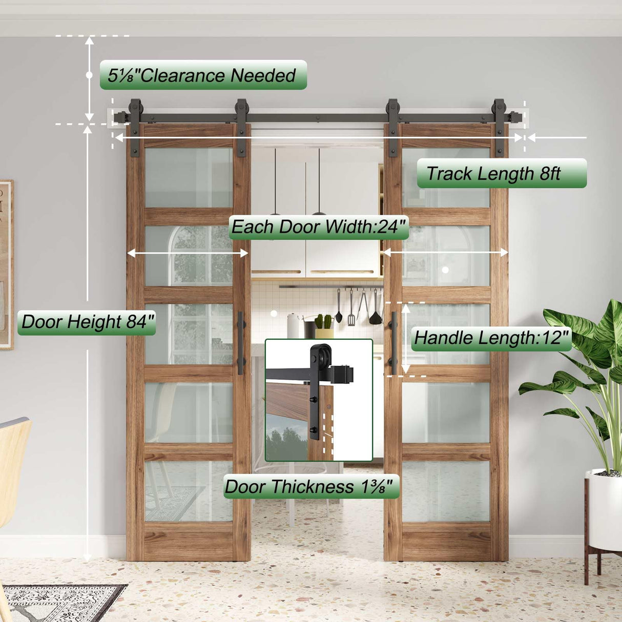 FREDBECK Double 24 x 84 inch Glass Barn Doors 48inch Barn Door with 8FT Hardware Kit & Handle Included,5-Panel Frosted Glass,LVL Wood Panel,Water-Proof PVC Surface,Pre-Drilled Holes,Need Assembly FREDBECK