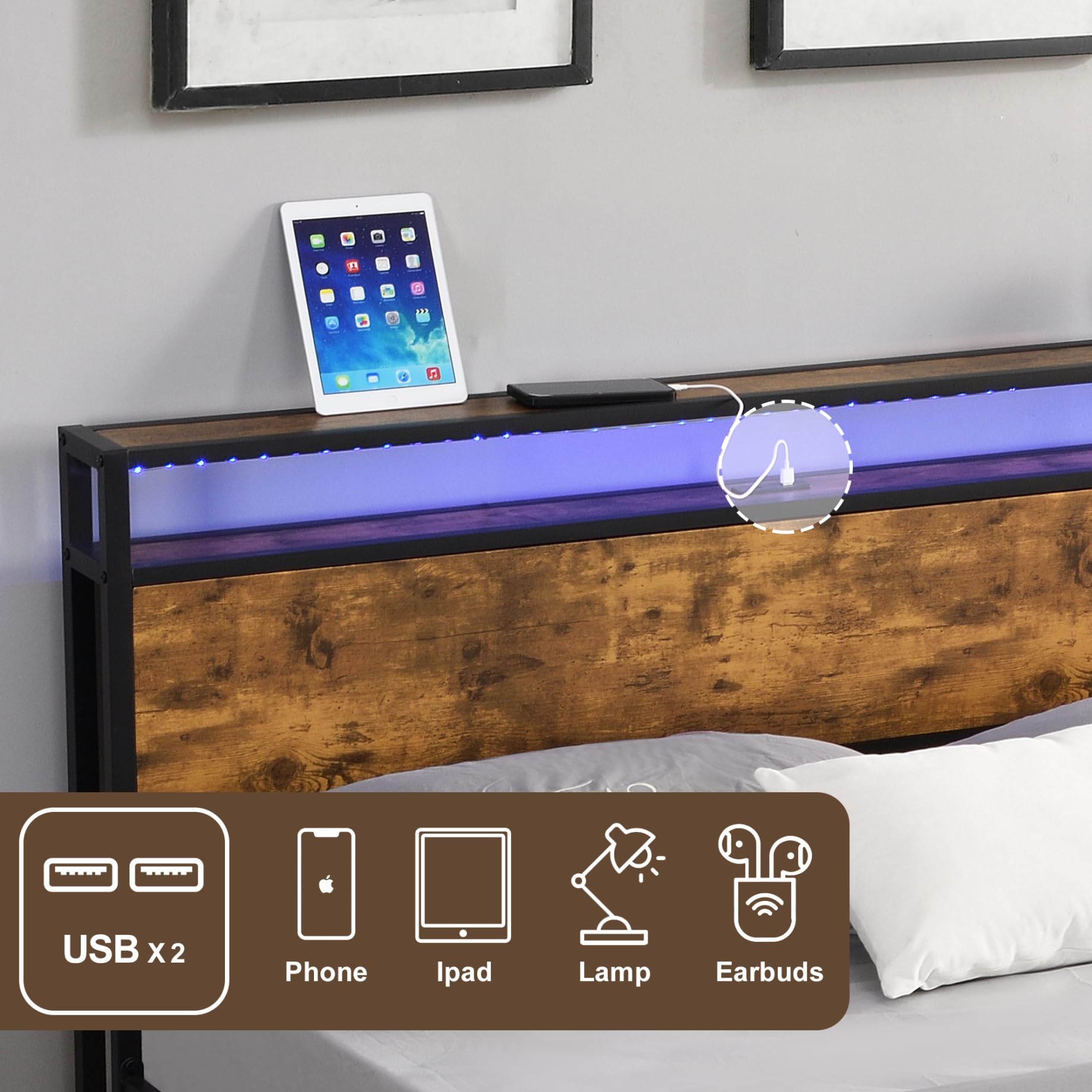 Industrial Full Bed Frame with LED Lights, USB Ports, and Under-Bed Storage in Brown - WoodArtSupply