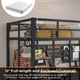 DICTAC Loft Bed Twin Size with Desk and Charging Station Metal Loft Bed with Led Lights,Storage Shelves and Drawers Twin Bed Frame with Clothes Rail,Safety Guard & Ladder,No Box Spring Needed,Black DICTAC