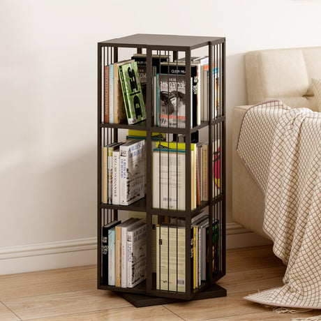 OSCHF Square Rotating Bookshelf Tower - 360 Spinning Display Corner Bookcase for Narrow Space, Modern 3-Tier Revolving Storage Shelf, Black OSCHF