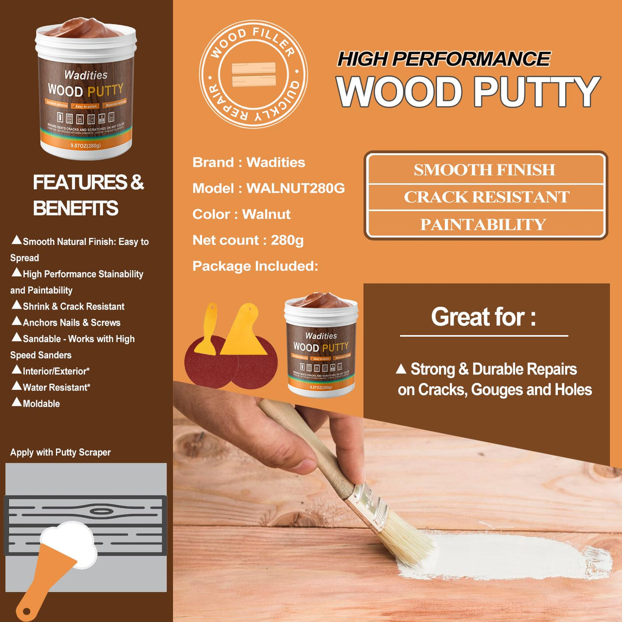 Wadities Walnut Wood Filler, Walnut Wood Putty, Paintable Stainable Wood Repair Putty, 9.87 Ounce Wood Furniture Repair kit, Quickly Repair Wood Wadities