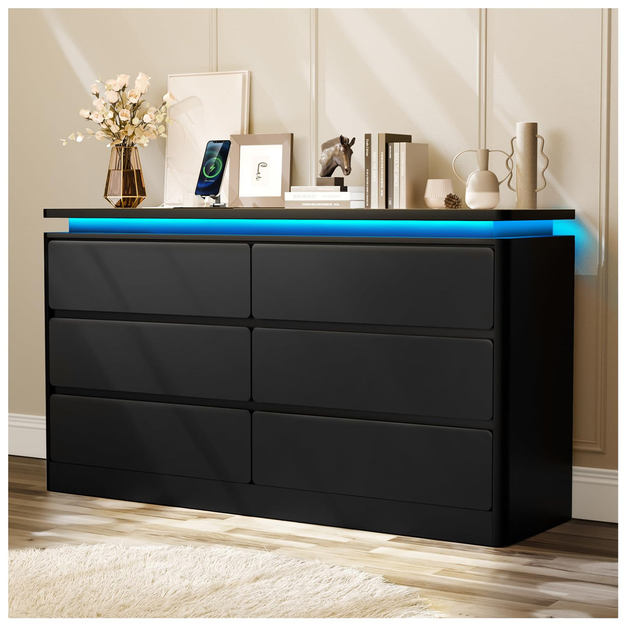 Upgraded 6 Drawer Black Dresser for Bedroom, 47.2" Long Chest of Drawers with Charging Station & LED Lights, Wooden Storage Cabinet Dresser for Closet,Modern TV Stand with Deep Drawers Loomie