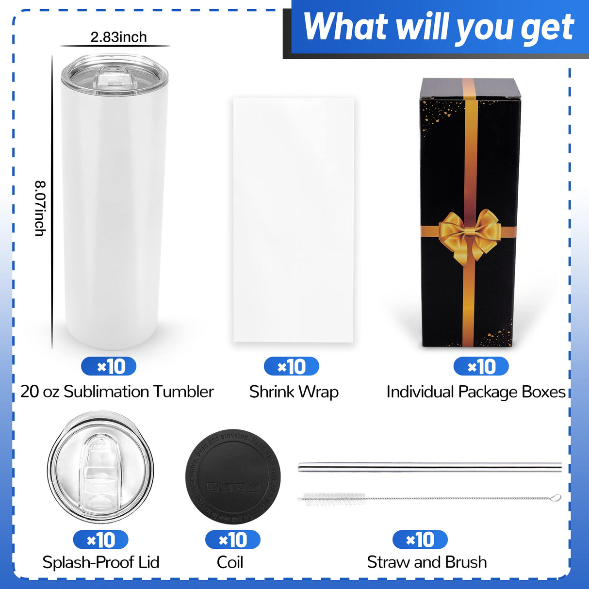 Joyclub Sublimation Tumblers 20 oz 10 Pack Sublimation Blanks Skinny Straight Tumblers Bulk Stainless Steel Insulated Sublimation Tumbler with Lid and Straw, Gift Box Joyclub