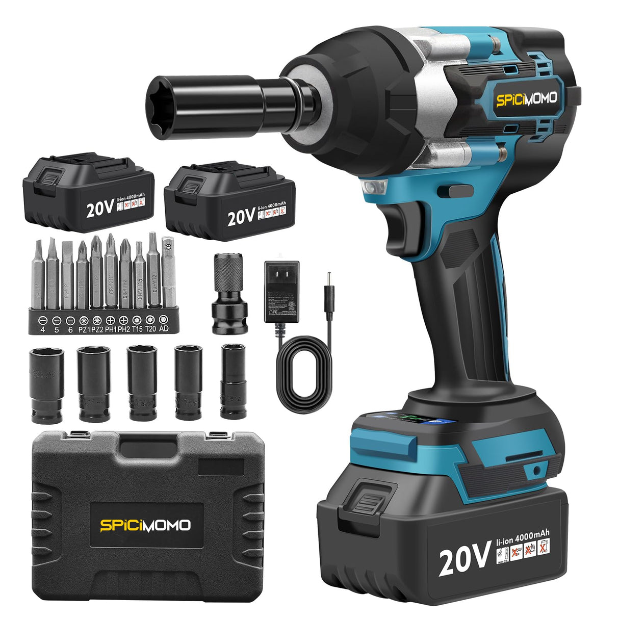 SPICIMOMO Cordless Impact Wrench 1/2 Inch for Car, 20V Brushless Power Impact Gun 600N.m(443Ft-lbs) with 2 Packs 4.0Ah Batteries, High Torque Electric Impact Driver for Mechanic, Mechanical Engineer SPICIMOMO