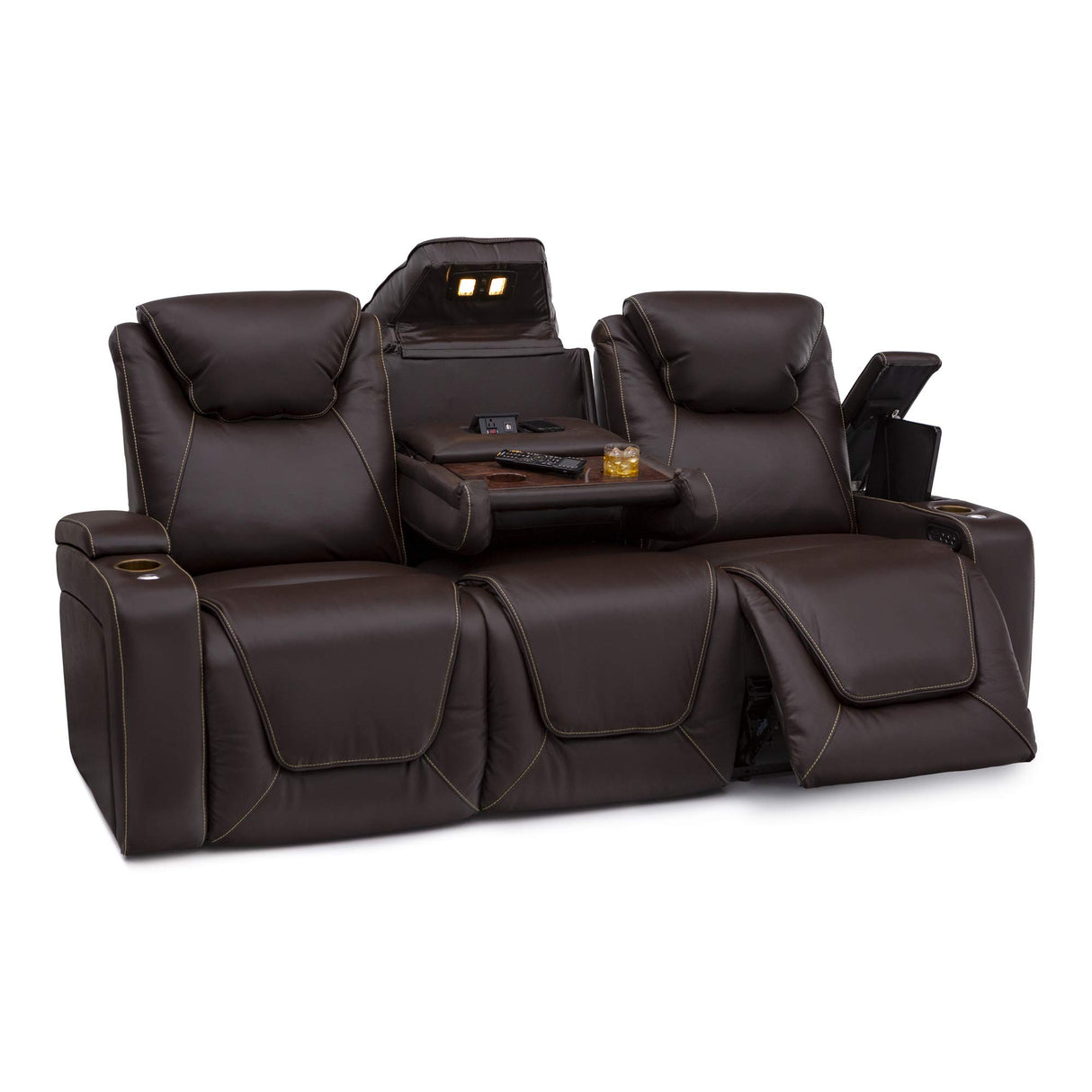 Seatcraft Vienna Home Theater Seating - Living Room - Italian Leather - Power Recline - Power Headrest - Powered Lumbar - AC USB Charging - Cup Holders - (Sofa with Fold Down Table, Brown) Seatcraft