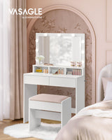 VASAGLE Vanity Desk with Mirror and Lights, Makeup Vanity with Upholstered Vanity Stool, 9 Dimmable LED Lights, 3 Compartments, 2 Drawers, for Bedroom, Cloud White URDT129W01 VASAGLE