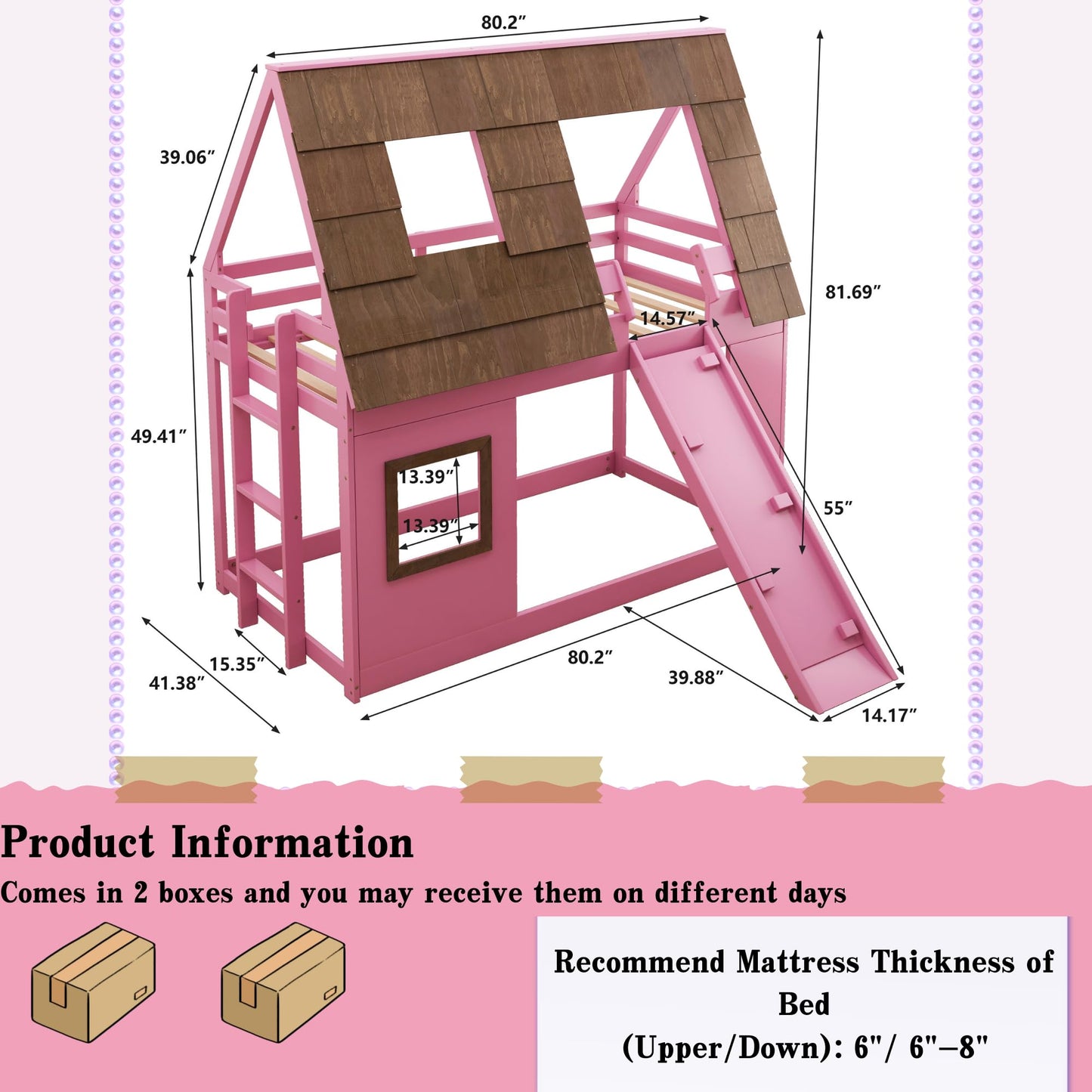 SOFTSEA Pink House Bunk Bed with Roof Low Bunk Bed with Slide for Girls, Twin Over Twin