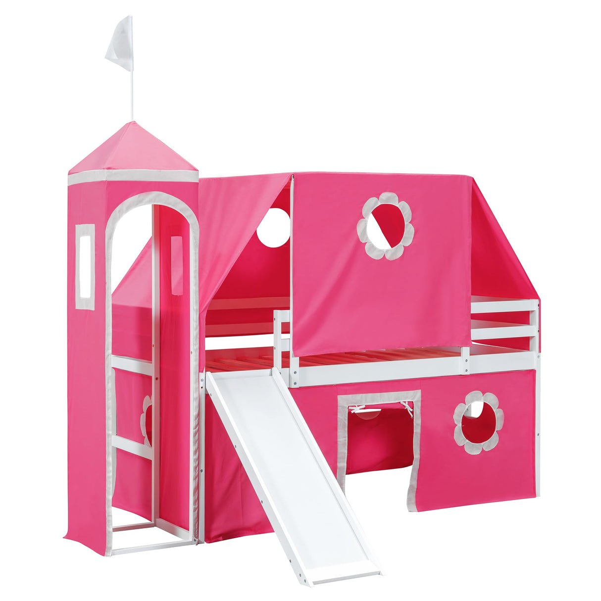 Polibi Castle Loft Bed with Slide & Tent and Tower, Playhouse Design Spacious Under Bed Space with Curtains, Wood Tent Bed Frame for Kids Boys Girls (Pink, Twin) Polibi