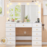 43.3" Vanity with Large Mirror and 10 LED Lights, Vanity Desk with Glasstop, 11 Drawers with Crystal Handles, Dressing Table with Power Outlet as Gift for Women, Girls (White) DINGIPP