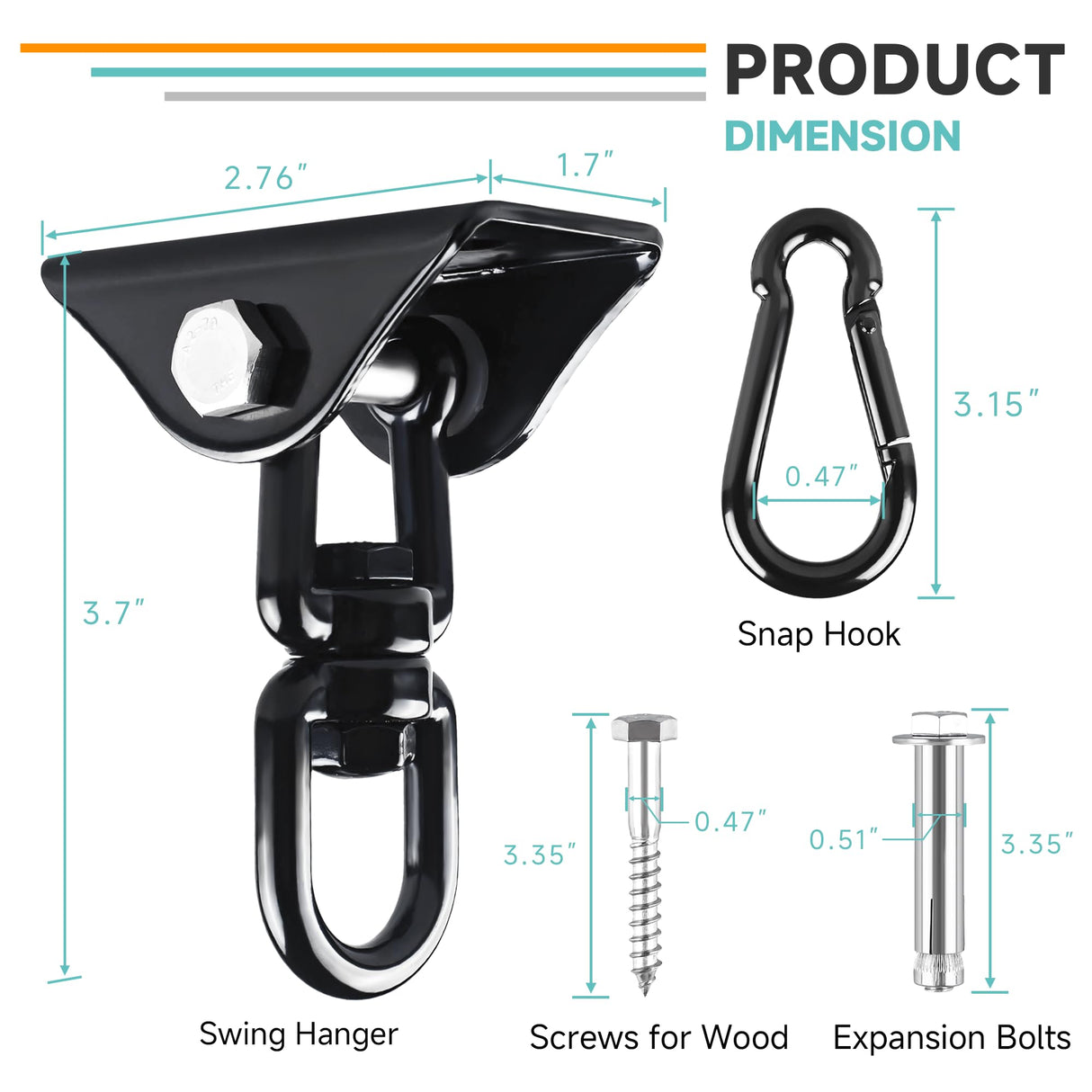 360°Rotating Hammock Hanging Kit, Heavy Duty 1200 lb Capacity Stainless Steel Hanging Swing Hooks, 1 Pack Swing Hanger for Yoga, Hammock Chair, Sandbag, Swing Sets(Black SKYPHAROS