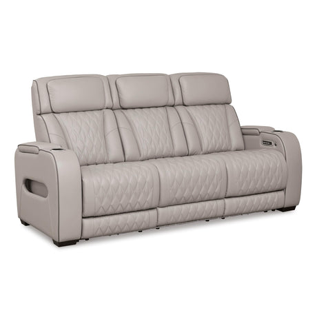 Signature Design by Ashley Boyington Contemporary Leather Match Power Reclining Sofa with USB Charging Ports, LED Lights and Adjustable Headrest, Light Gray Signature Design by Ashley