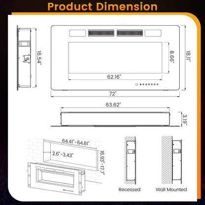 COSTWAY Ultra-Thin Electric Fireplace 72-inch Wide, 750W/1500W Wall-Mounted and Recessed Fireplace Heater with 12 Flame and Flame Bed Color, Remote and Smart APP Control, Decorative Crystal Included