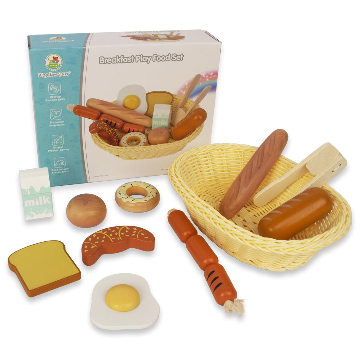 WOODENFUN Wooden Breakfast Toy Food Playset,Kids Pretend Play Food Kitchen Accessories with Storage Basket,Toddlers Fake Food Gift for Boys and Girls 2 Years Old Up WOODENFUN