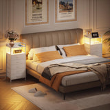 Furnulem White Nightstand with 5 Storage Drawer, Tall Dresser for Bedroom with Led Light and Charging Station, Side Table Nightstand for Closet, Fabric Bins, Metal Frame, Wood Shelf(White) Furnulem