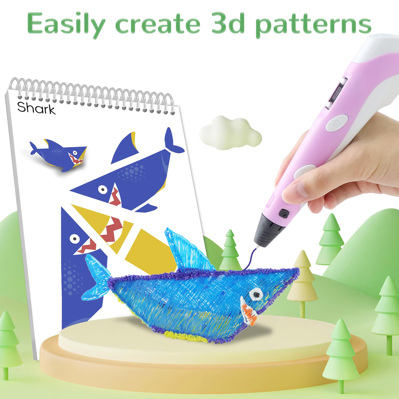 3D Printing Pen Drawing Book Spiral Bound with Transparent Template, 40 Patterns Reusable Painting Graffiti Template, Ideal DIY Gift for Kids Include Animal Transportation House Building Food - WoodArtSupply