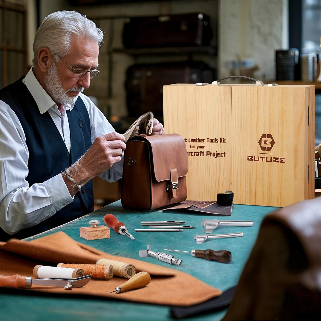 BUTUZE Leather Working Kit, Boxed Leather Tooling Kit, Leather Crafting Tool Kit, Cutting, Punching, Carving, Heavy Duty Leather Sewing Kit Professional Leather Working Tools and Supplies BUTUZE