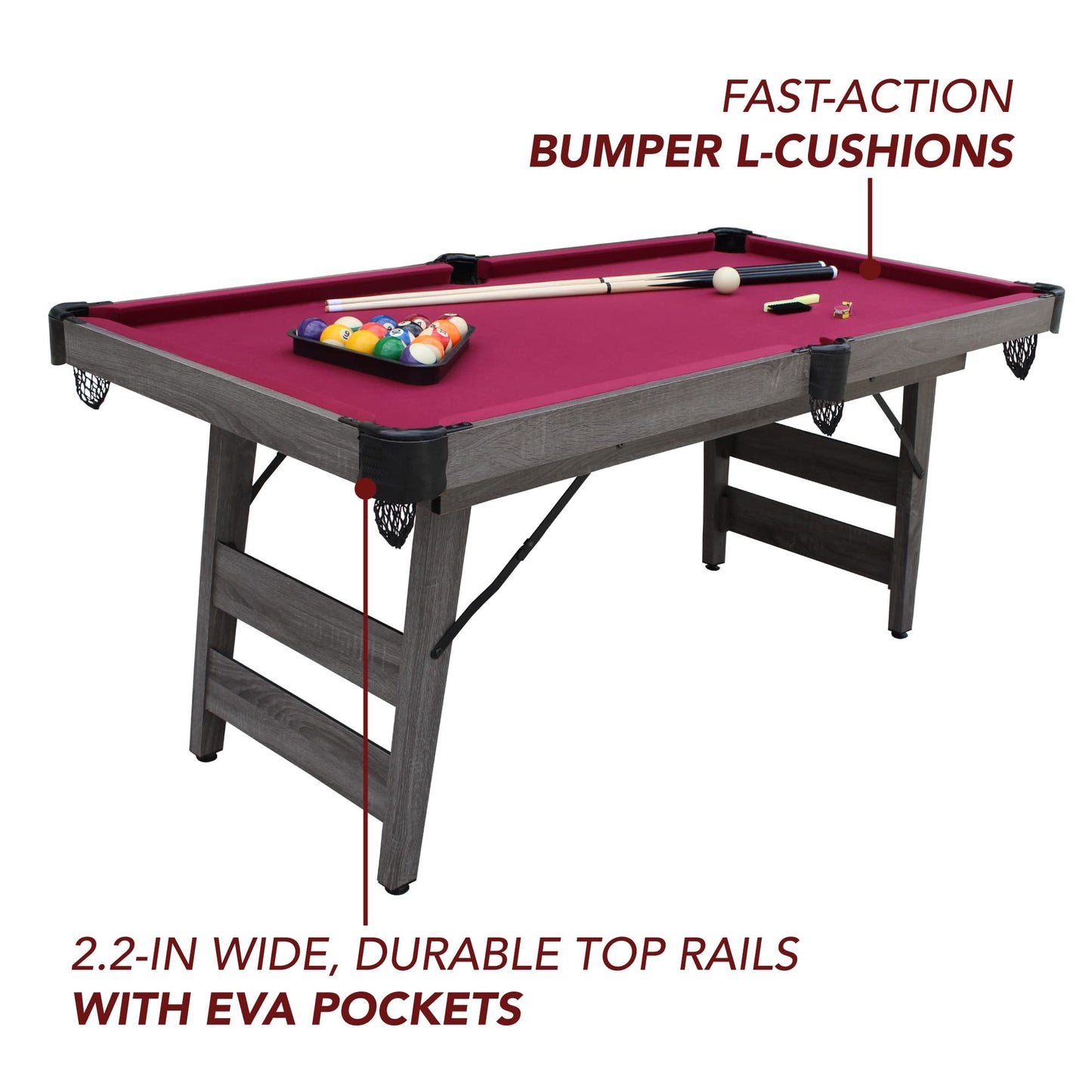 Pendleton 6-ft Portable Pool Table - Driftwood Finish with Burgundy Felt - WoodArtSupply