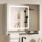 ChooChoo Lighted Bathroom Medicine Cabinet with Mirror, Wall-Mounted Bathroom Wall Cabinet with Mirror Doors, LED Lights, Adjustable Shelves, Towel Bar, White ChooChoo