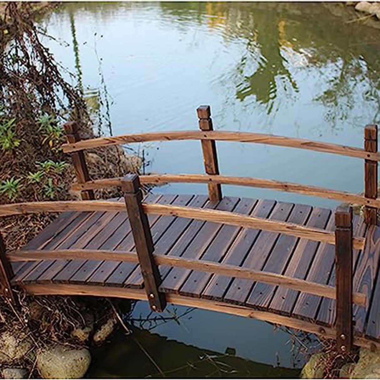 5 FT Wooden Garden Bridge, Classic Wood Arc Footbridge w/Safety Rails & 400 lbs Capacity, Decorative Pond Bridge for Outdoor Garden Yard Back Yard Creek Farm WoodArtSupply