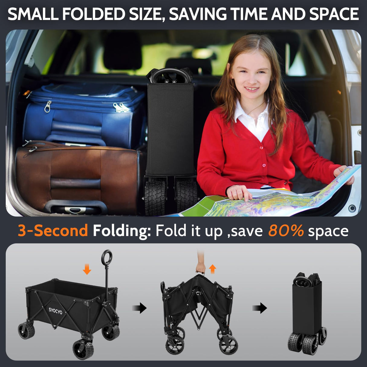 Collapsible Foldable Wagon Cart, Heavy Duty Folding Wagon with 330lbs Weight Capacity, Beach Wagon with All-Terrain Wheels Utility Garden Cart for Camping, Sports, Beach and Shopping, Black SYOCYO