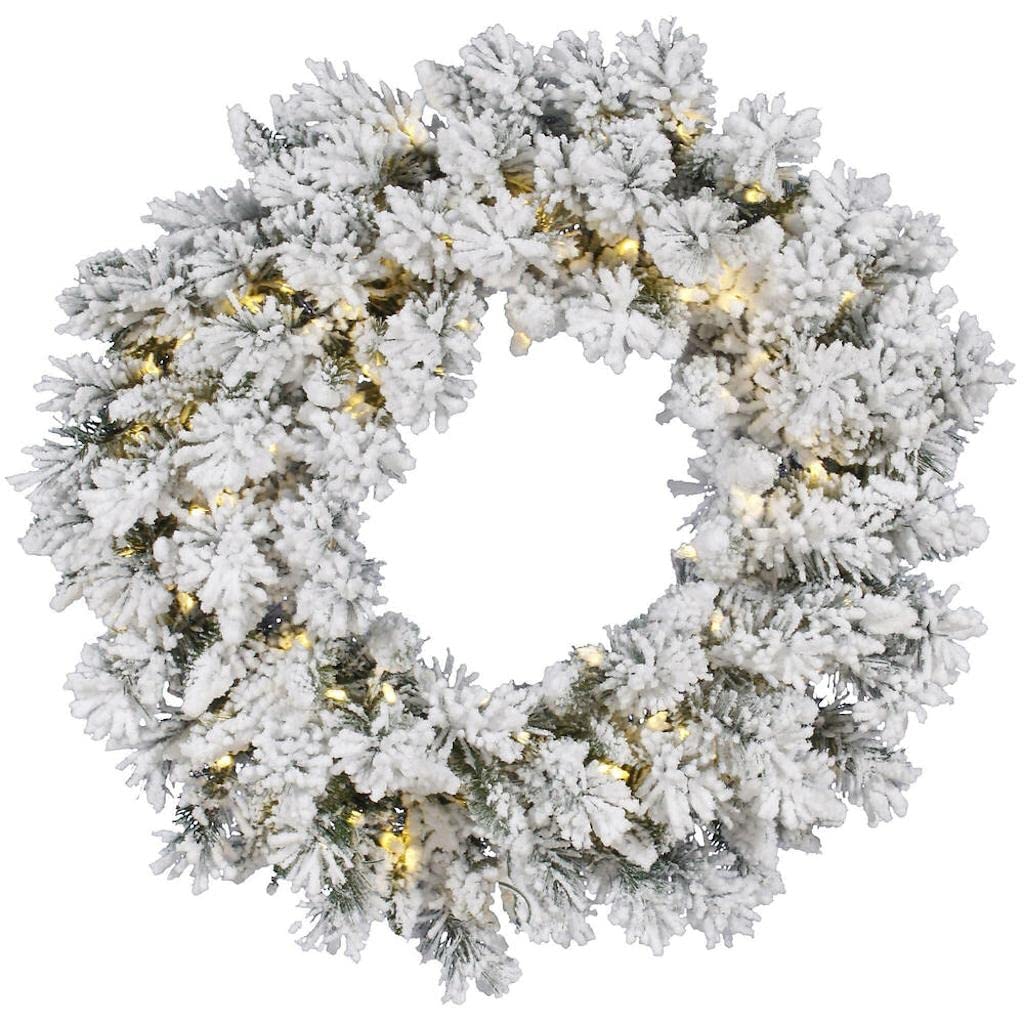 Vickerman 60" Flocked Snow Ridge Artificial Christmas Wreath, 200 Pure White Single Mold LED Lights.