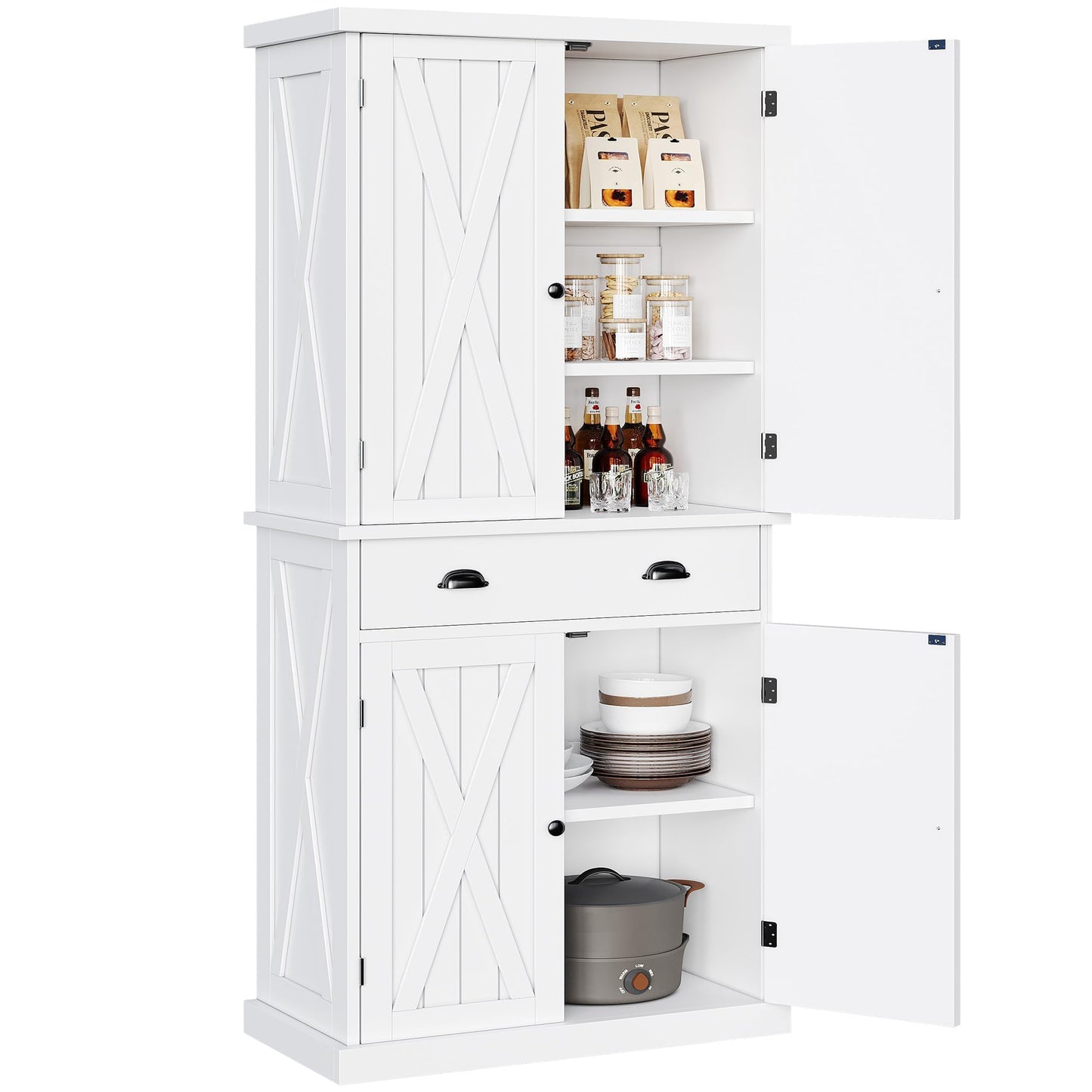 YITAHOME 72'' Tall Kitchen Pantry, Farmhouse Kitchen Storage Cabinets with Barn Doors, Drawer and Adjustable Shelves, Wood Cupboard for Kitchen, Dining Room, Bathroom, White