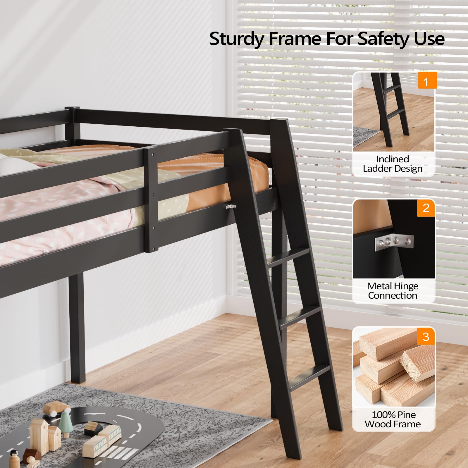 VINGLI 47'' Black Junior Low Loft Bed with Stairs - Sturdy Twin Size Frame for Kids and Teens - WoodArtSupply