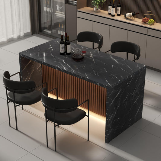 63" Large Imitation Marble Dining Table for 4-6 People, Island Table with LED Lights, Mordern Marble Stripes Kitchen Dining Table with Grille design for Dining Room, Home, Office, Living Room (Black)