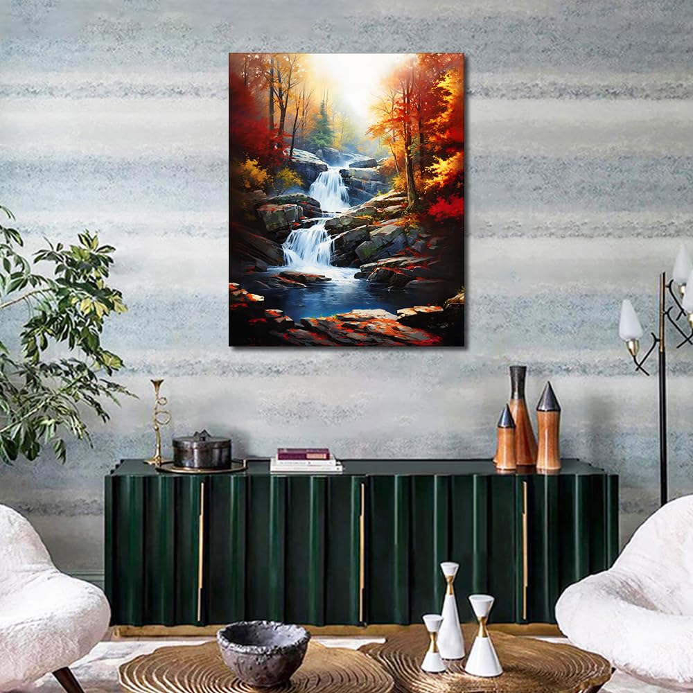 TUMOVO Adult Paint by Number Kits on Canvas Autumn Landscape Paint by Numbers for Adult Beginner Forest Waterfall Color by Numbers for Adults Craft Kits - 16x20 Inch, Flameless TUMOVO